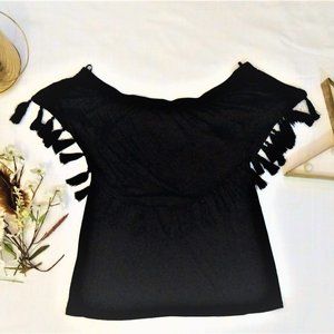 Black off the shoulder top with fringed sleeves